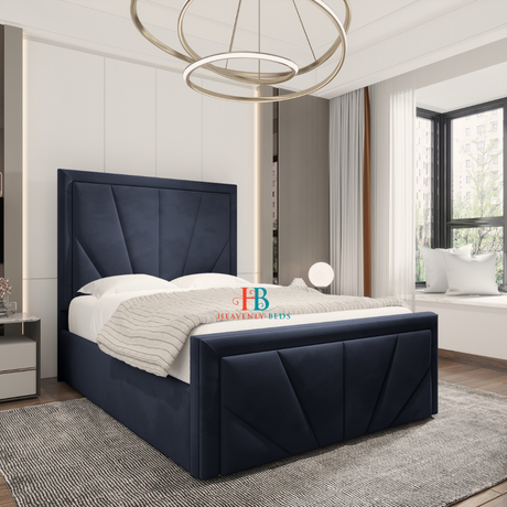 Upholstered bed frame in blue plush velvet