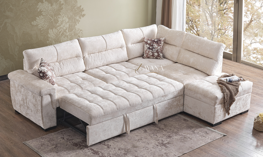 Omera Right/Left Corner Sofa Bed With Storage Stool Cream