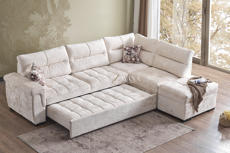 Omera Right/Left Corner Sofa Bed With Storage Stool Cream