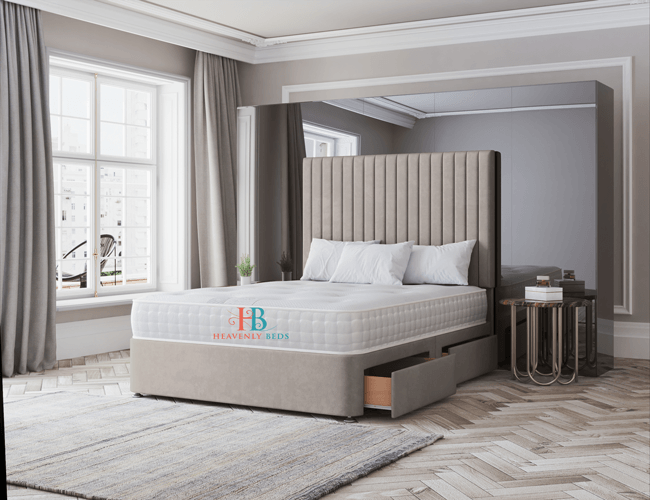Panel Divan Bed with storage - 54" high headboard in cream plush velvet