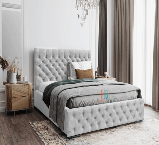 Buttoned bed frame with mattress in silver plush velvet - 54" high headboard