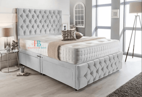 Chesterfield Divan Bed  in silver plush velvet with buttoned footboard