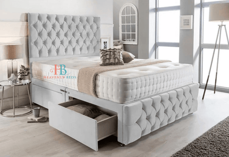 Divan Bed with 2 drawers footend in silver plush velvet