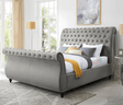 Grey sleigh bed in Silver Plush Velvet with storage kingsize