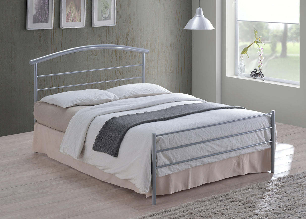 Silver Metal Bedframe - curved headboard and a low footend